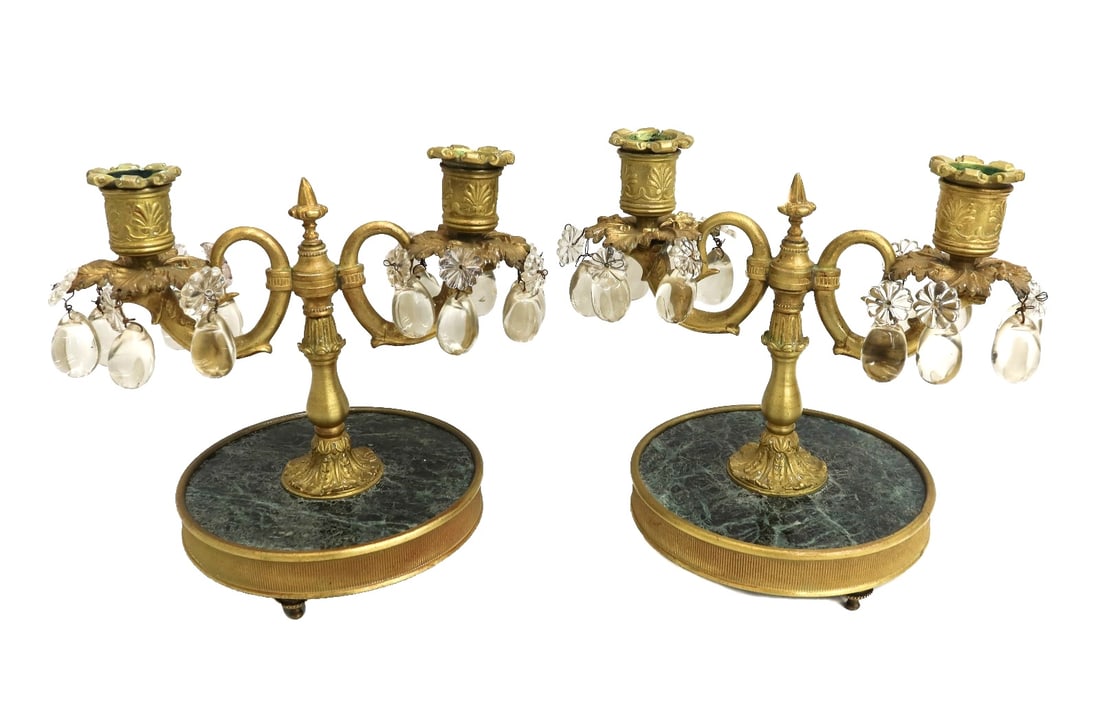 Pair French Gilt Bronze Crystal and Green Marble Miniature Candelabras 20th C (1 of 12)