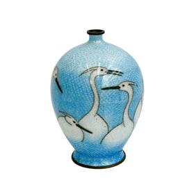 Japanese Ginbari Cloisonne Enamel Bronze Vase Cranes Meiji Period