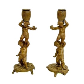 Pair Figural Gilt Bronze Candlestick Holders by Mathurin Moreau 19th century