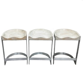 3 Warren Bacon Chrome & Wood Horseshoe Cantilever Bar Stools