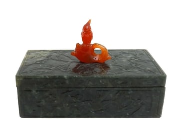 Chinese Spinach Green Neprite Jade and Carnelian Parrot Rectangular Box