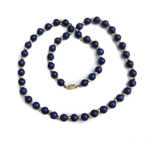 14k Yellow Gold and Lapis Lazuli Single Strand Beaded Necklace