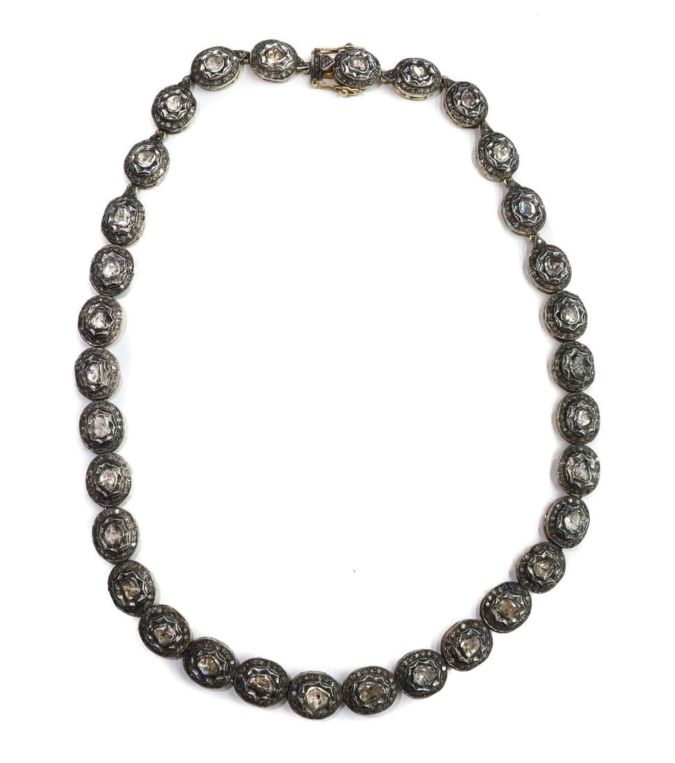 14k Yellow and Silver Topped Gold Old Mine Cut Diamond Link Necklace (1 of 13)