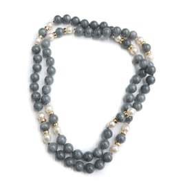14k Yellow Gold Grey Jade and Cultured Pearl Single Strand Necklace