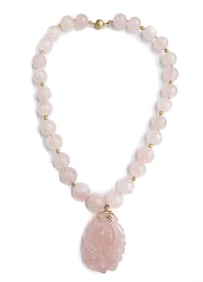14k Yellow Gold Carved Rose Quartz and Diamond Necklace