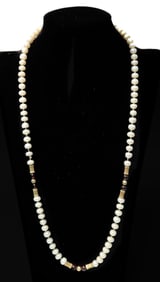 14k Yellow Gold Pearl Garnet and Yellow Gold Single Strand Necklace