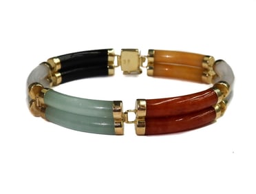 14k Yellow Gold Multi-Colored Jade and Onyx Link Bracelet