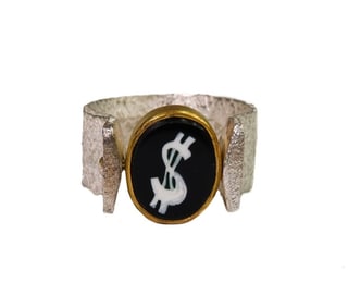 Devta Doolan 22k Yellow Gold Brushed Silver and Cobalt Blue Glass Ring , Size 8