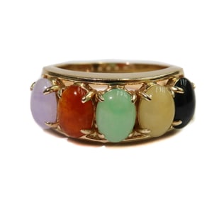 Gump's 14k Yellow Gold Cabochon Muli Colored Jade Ring Size 7