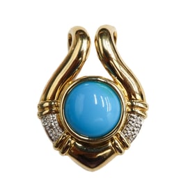 14k Yellow Gold Diamond and Cabochon Turquoise Necklace Pendant Enhancer
