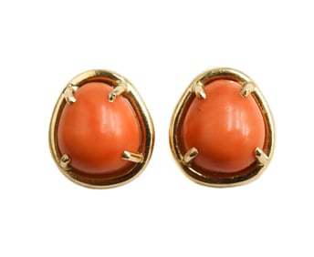 14k Yellow Gold and Cabochon Coral Stud Earrings