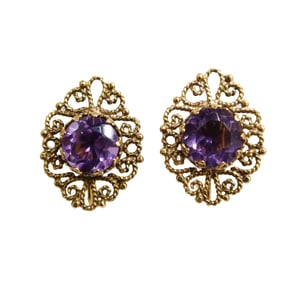 14k Yellow Gold and Amethyst  Twist Back Filigree Earrings