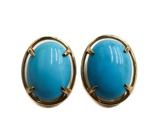 Pair Gump's 14k Yellow Gold Cabochon Turquoise Clip on Earrings
