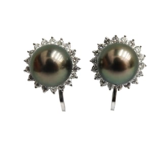 14k White Gold South Sea Cultured Pearl and Diamond Twist Back Earrings