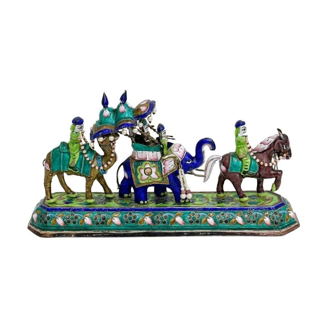 Indian Minakari Meenakari Enamel Silver Figurine Procession Elephant Camel c1940: Indian Minakari Meenakari Enameled Silver Figurine, circa 1940. Depicts a procession of figures on a horse, elephant, and camel. Beaded pearl and gem accents, colorful enamel decoration. Weighted silv
