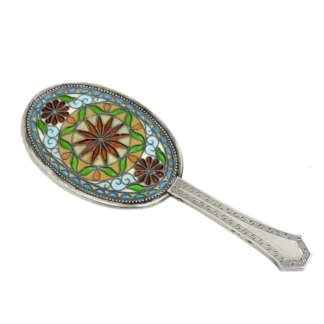 Russian .84 Silver Cloisonne Enamel Hand Mirror early 20th century: Russian .84 Silver Cloisonne Enamel Hand Mirror, early 20th century. Colorful floral cloisonne decoration, beaded edge, engraved decorations to handle. Partial .84 silver hallmarks to handleWeight:app