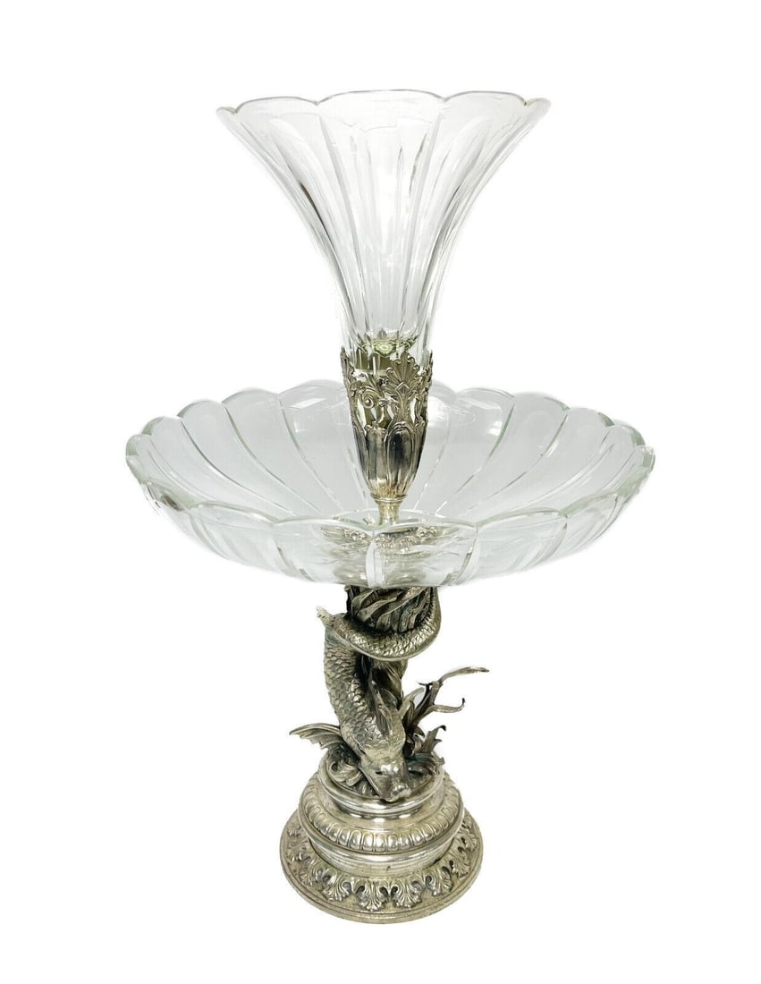 European Cut Glass and Silverplate Two Tier Dolphin Formed Garniture, c1920: European cut glass and silverplate two tier dolphin formed garniture, circa 1920. Scalloped ribbed fluted glass with a figural dolphin the base stem. Unmarked, but incised "15" towards the base. Weigh