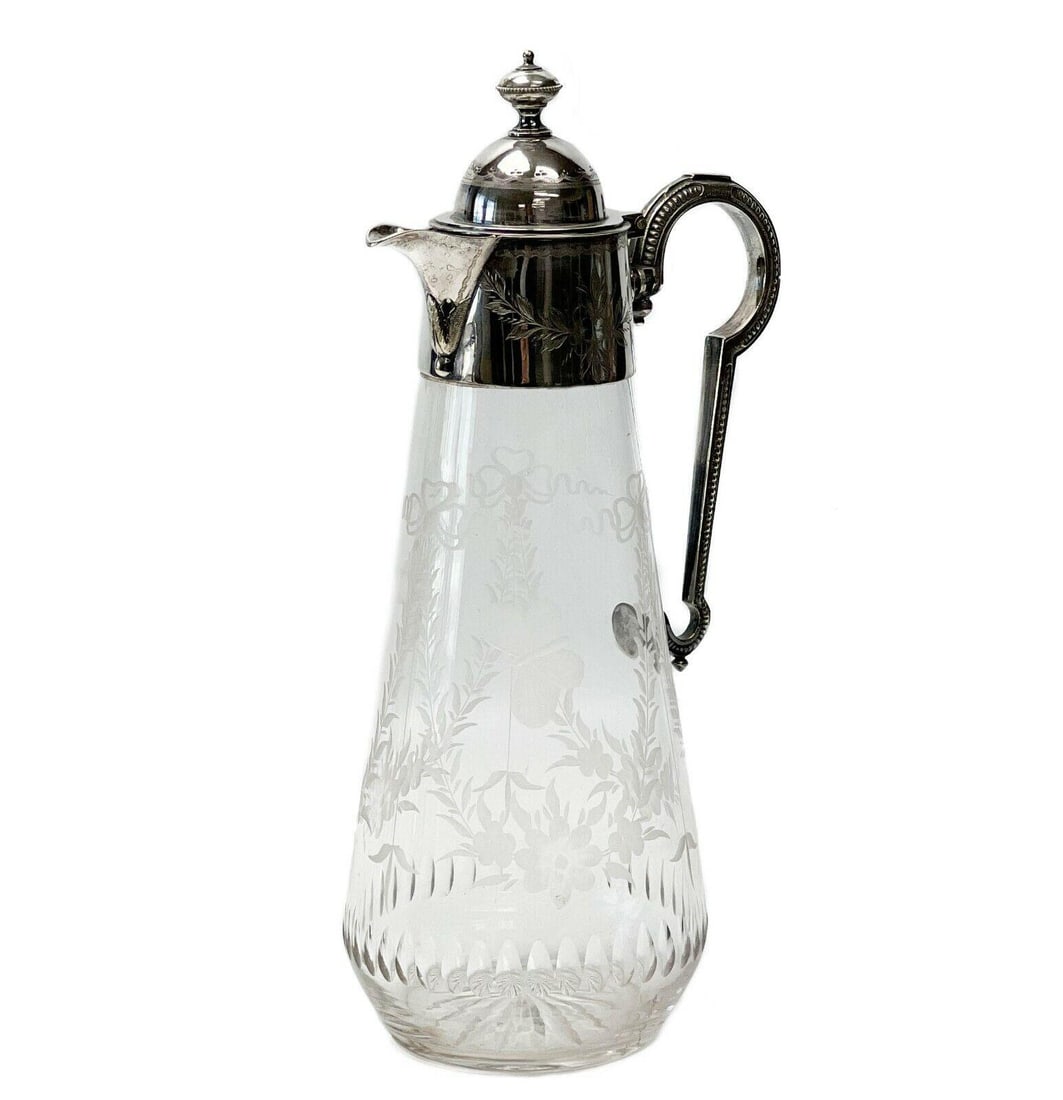 Silver Plate Mounted Engraved Florals Butterflies Glass Pitcher circa 1900 (1 of 5)