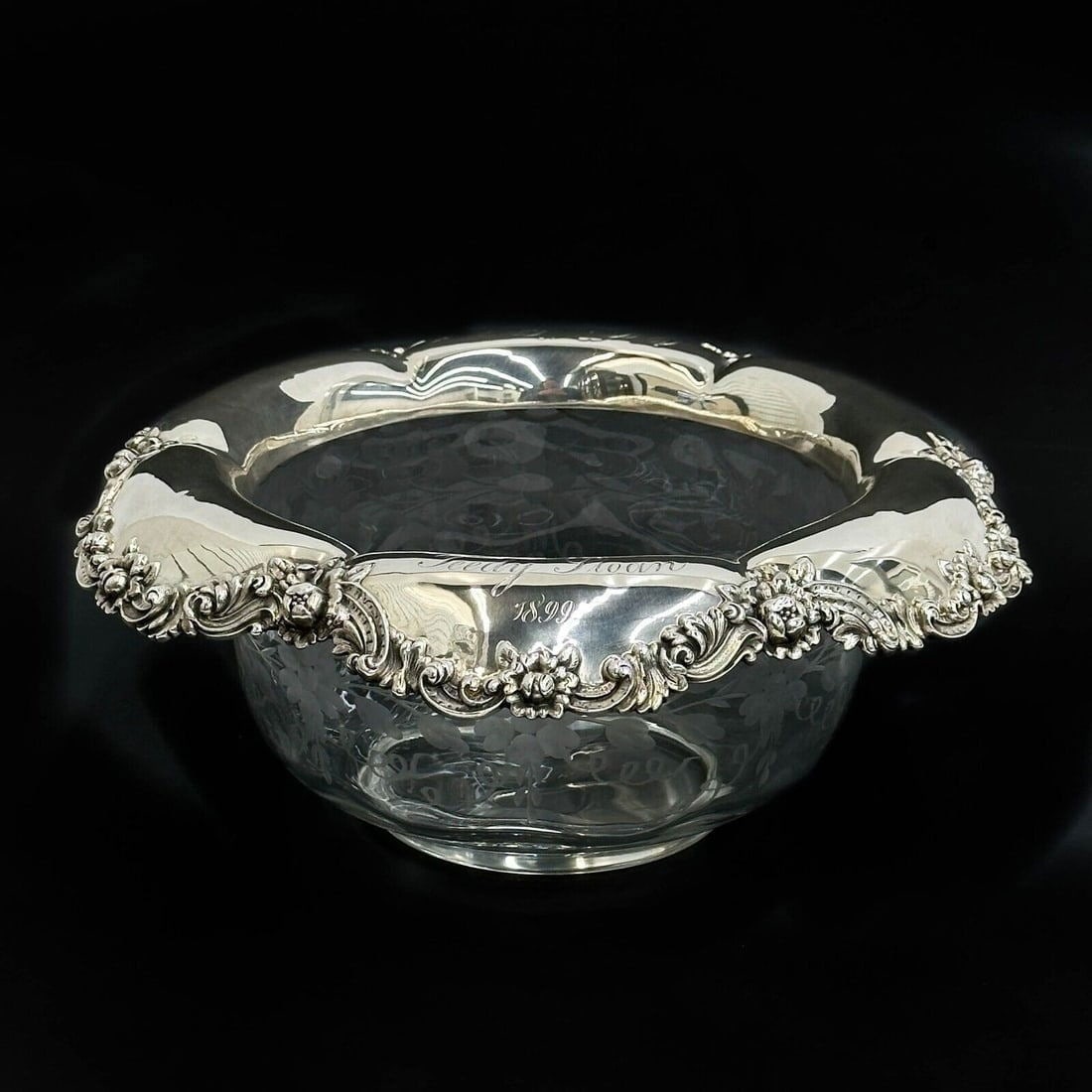 Tiffany & Co Sterling Silver Mounted Etched Glass Bowl Florals circa 1900 (1 of 10)