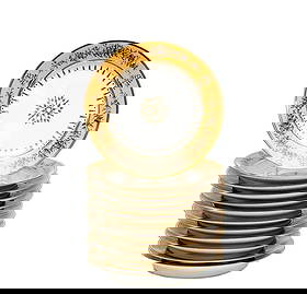 12 Manufacture de Sevres Gilt Porcelain Dessert Plates Nankin Yellow 1815-1824: 12 Manufacture de Sevres porcelain dessert plates, 1815-1824. A white ground to center, a nankin yellow ground to the edge with brown painted roses. Gilt snowflake/flower decoration to the center, gil