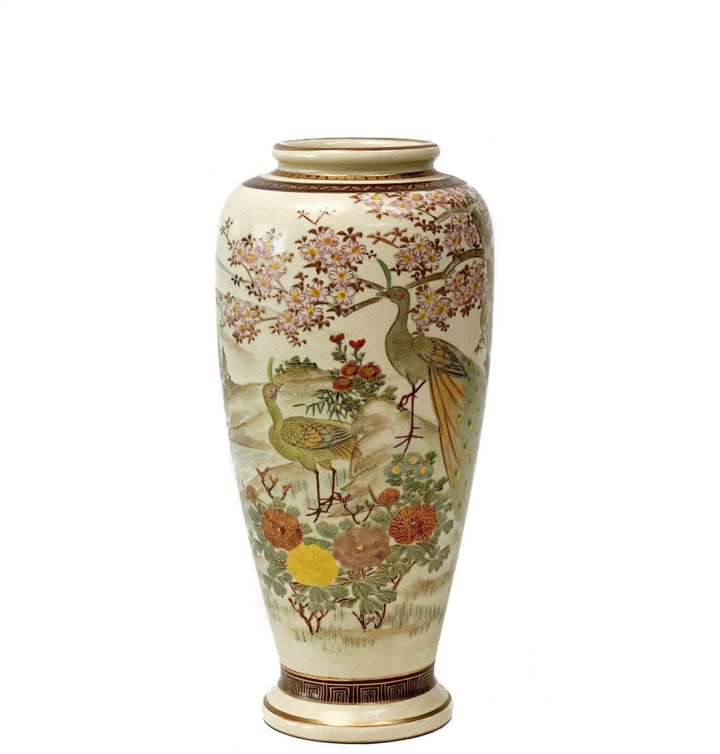 Japanese Satsuma Hand Painted Porcelain Vase Peacocks: Japanese Satsuma hand painted porcelain vase. An off white ground with colorful scenery decoration featuring peacocks. Gilt accents. Underside with Japanese mark and Shimazu family mark. Weight Approx