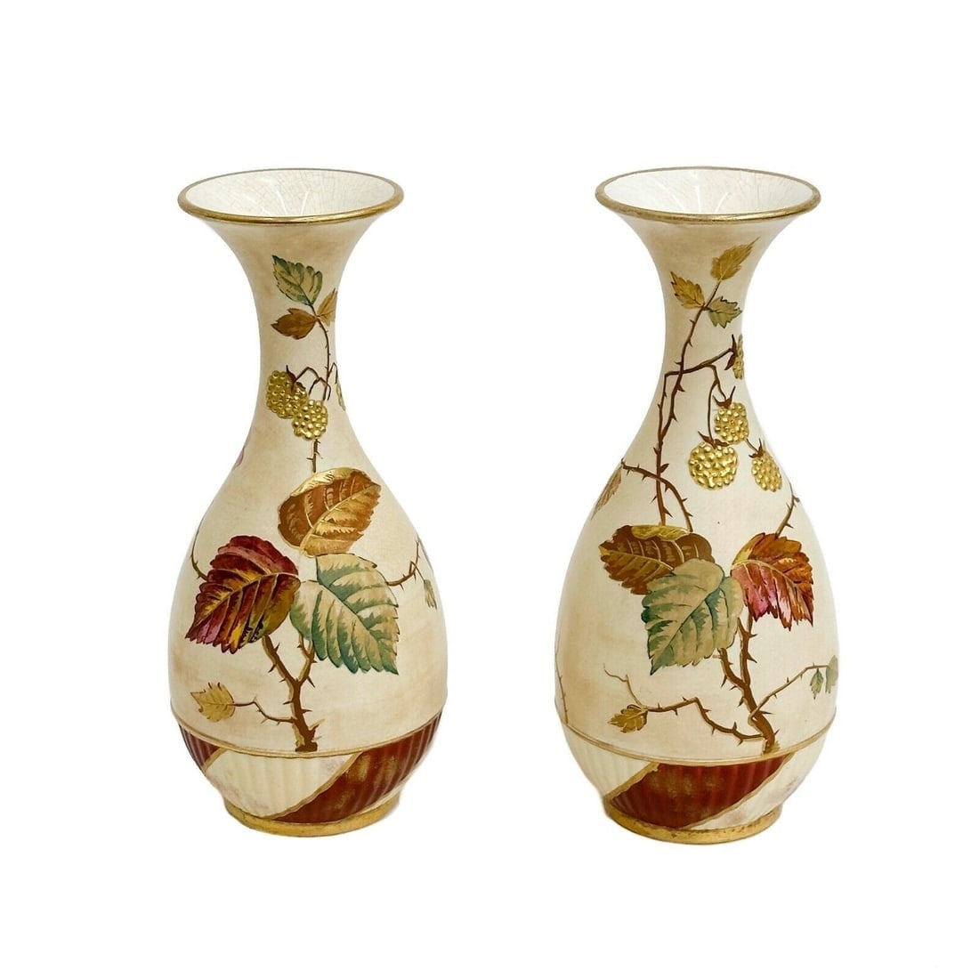 Pair Wedgwood England Ivory Glazed Porcelain Vases Blossoms Berries: Pair Wedgwood England Ivory Glazed Porcelain Vases. An ivory ground with hand painted leaves, raised gilt berries, pink cherry blossoms. Underside impressed Wedgwood Weight: Approx. 2 lbs Measurements