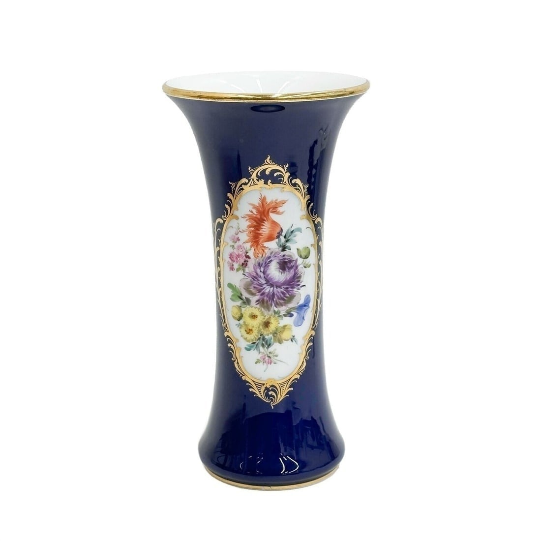 Meissen Germany Hand Painted Porcelain 9.6 inch Vase Florals c1930: Meissen Germany Hand Painted Porcelain Vase, circa 1930. A cobalt blue ground, panel of colorful florals to the center framed by gilt accents. Underside with Meissen crossed swords marks, incised mark