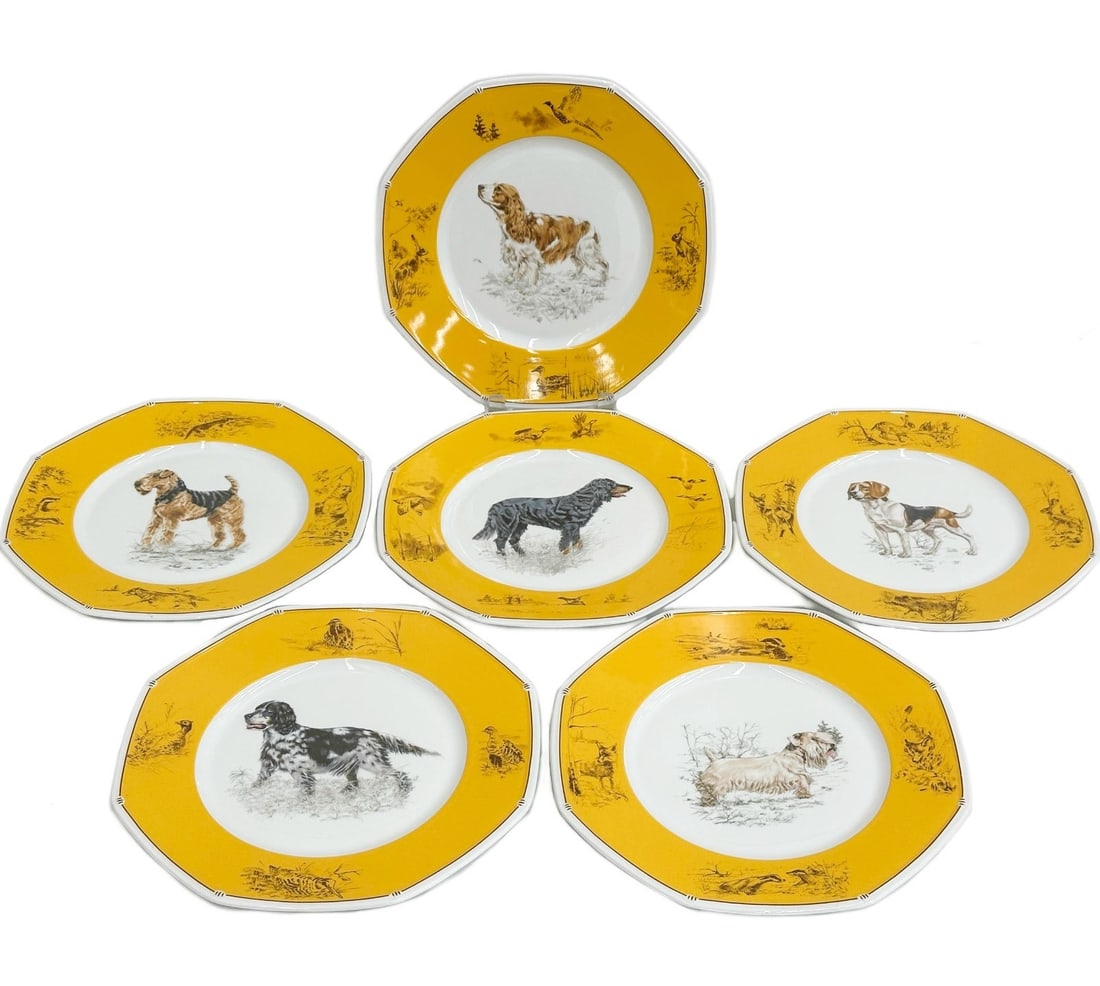 6 Hermes Paris Chiens Courants & Chiens d'Arret Dogs Porcelain Dinner Plates (1 of 9)