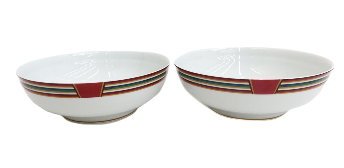 Pair Hermes Paris Porcelain Round Serving Bow in Attelage, Red and Green Stripes: Pair Hermes Paris porcelain round serving bowls in Attelage. Green and red stripes to rim. Hermes mark to underside. Weight Approx., 4 lbs Measures Approx., 9.25 inches diameter x 3 inches tall Domest