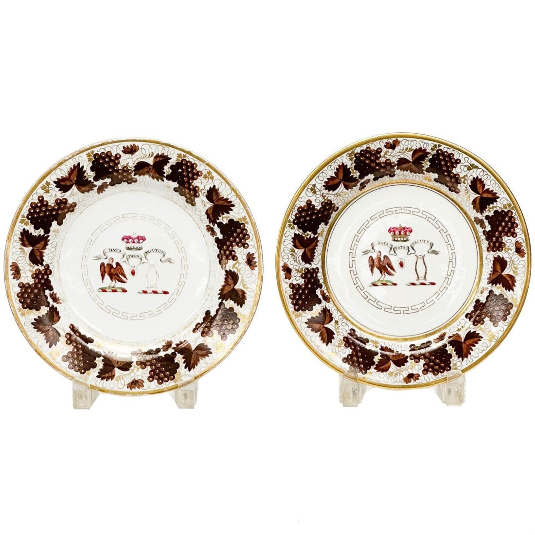 Pair Barr, Flight, & Barr Worcester Porcelain Armorial Dessert Plates Grapes: Pair Barr, Flight, & Barr Worcester England hand painted porcelain dessert plates. Hand Painted brown grape and vine decoration to the edge, hand painted coat of arms to the center featuring a crown,