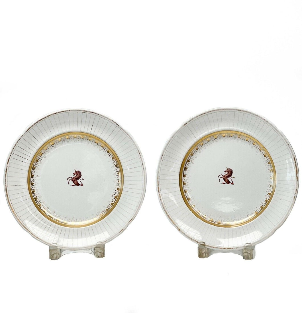 Pair English Pearlware Porcelain Hand Painted Unicorn Crest Plates (1 of 11)