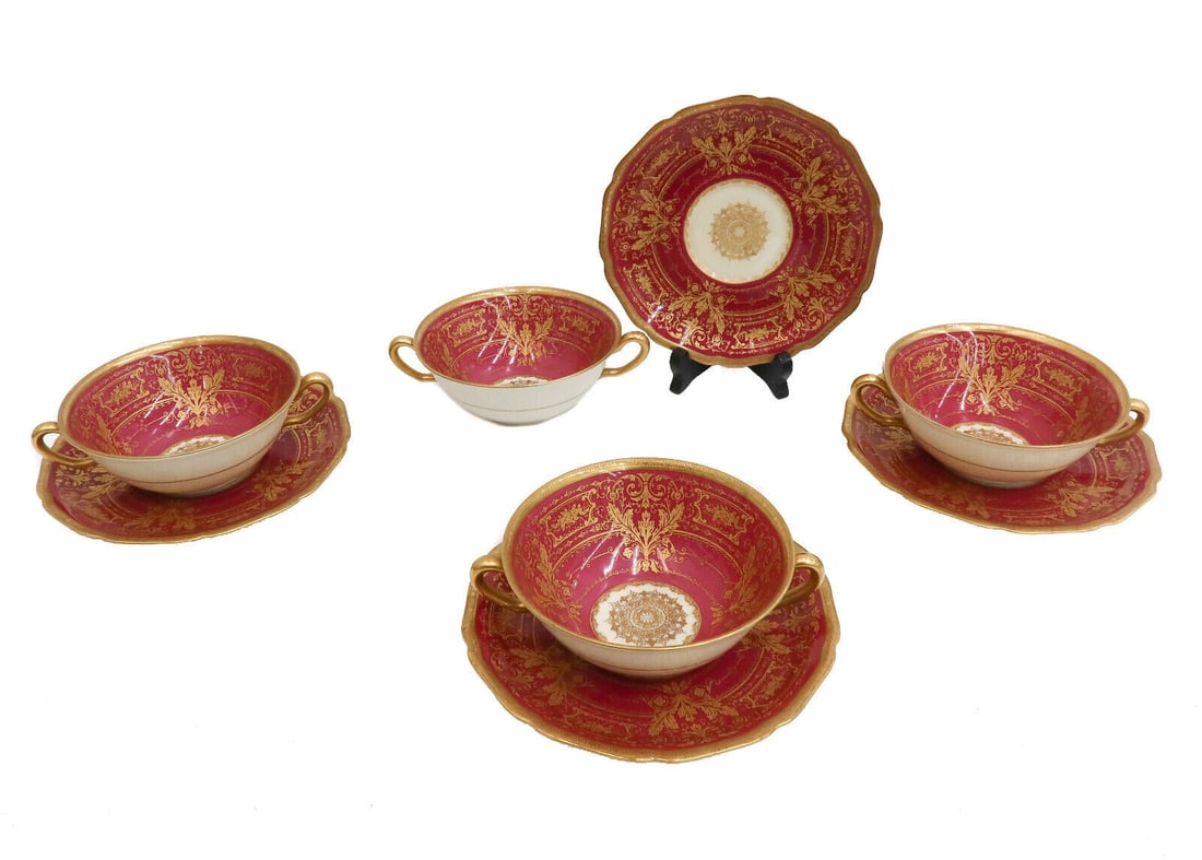 4 Black Knight Hohenberg Bavaria Porcelain Bouillon Bowls and Underplates 20th C (1 of 6)