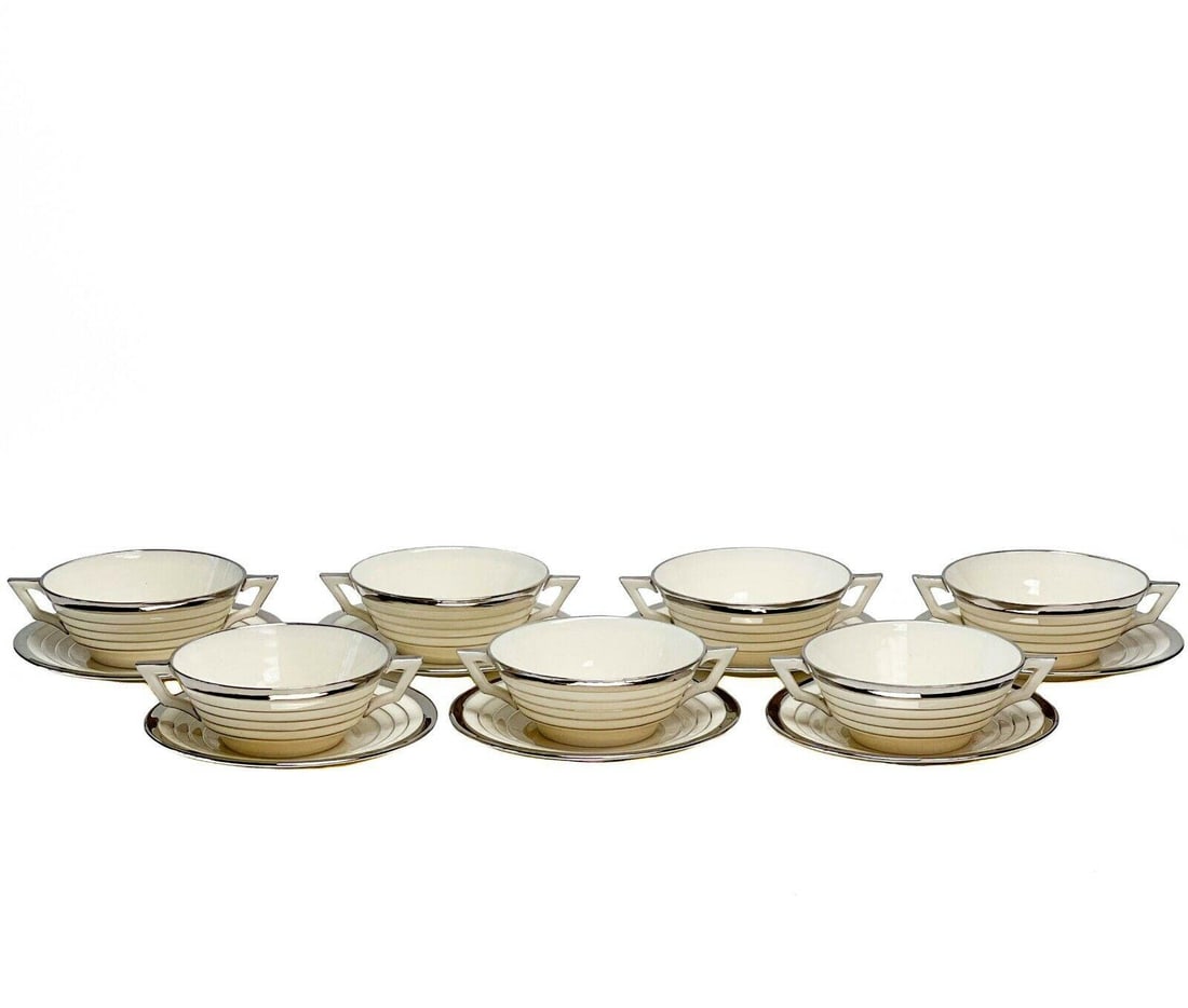 7 Lenox Silvered Porcelain Bouillon Bowls & Underplates circa 1920 (1 of 6)