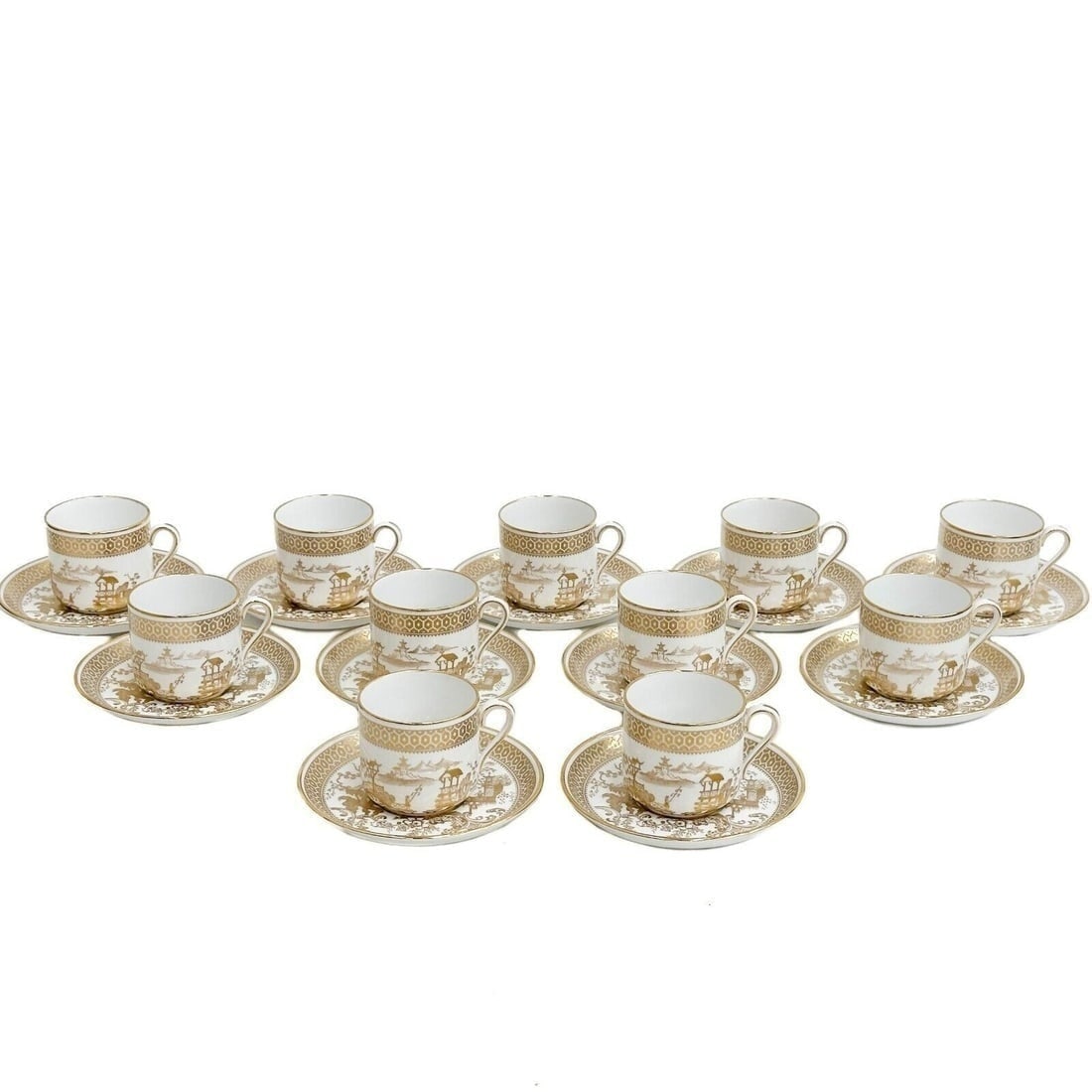 11 Copeland Spode Porcelain Demitasse Cup & Saucers Spode's Garden Y7046 c1950: 11 Copeland Spode Gilt Porcelain Demitasse Cup & Saucers in Spode's Garden, circa 1950. A white ground with ornate gilt chinoiserie scenes to the center of figures fishing, geometric decoration to the