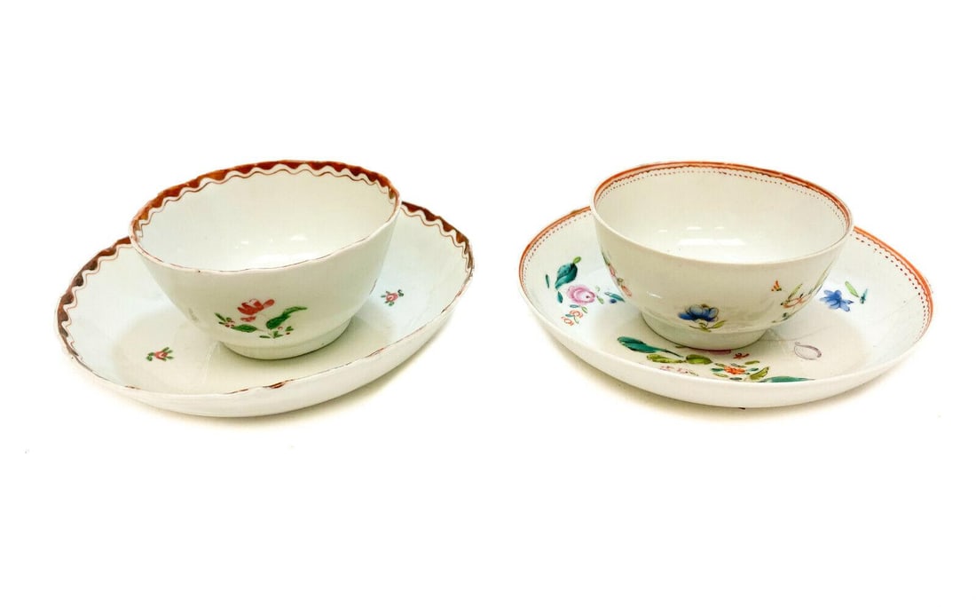Two Chinese Export Porcelain Cup & Saucers, Hand Painted Flowers, c.1780 (1 of 5)