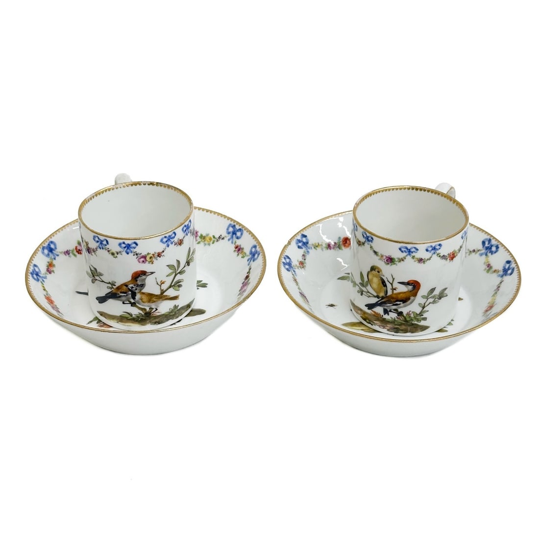 Pair Meissen Marcolini German Porcelain Demitasse Cup & Saucers Ornithological (1 of 6)
