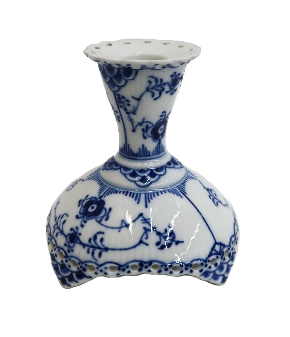 Royal Copenhagen Denmark Porcelain Fluted Full Lace Footed Candle Stick #1138: Royal Copenhagen Denmark Porcelain Fluted Full Lace Footed Candle Stick #1138, 1969-1973. Fluted porcelain with a delicate blue floral design. Full lace border to the rim. Underside with Royal Copenha