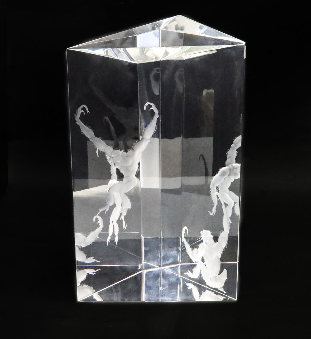 Steuben Glass Sculpture - Gibbons - by George Thompson Limited Edition 1/1: Steuben crystal glass sculpture, "Gibbons" by George Thompson. Engraved designed by Bruce Moore, depicts gibbon apes swinging through trees. Signed Steuben to underside. Limited edition one of a kind
