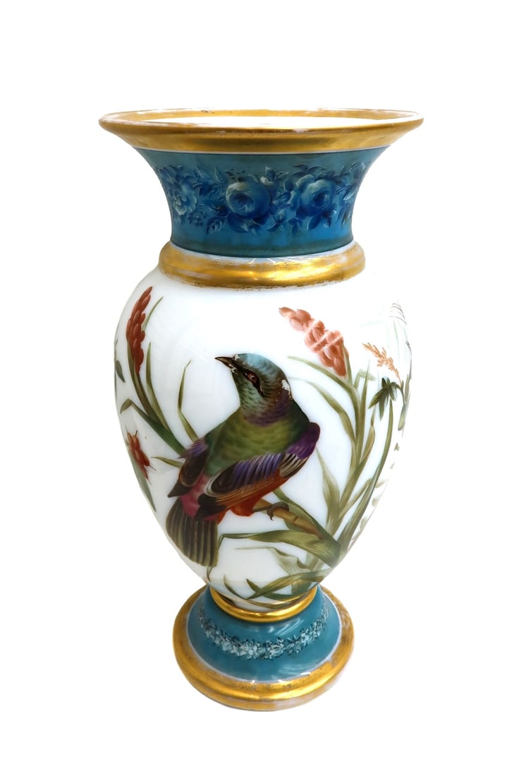 Baccarat French White Opaline Glass Hand Painted Swallows Birds Vase c1900: Attributed to Baccarat, a French white opaline vase with hand painted swallow birds throughout with floral accents to center. Blue floral and gilt to top and base rims. Unmarked. circa 1900. Weight: A
