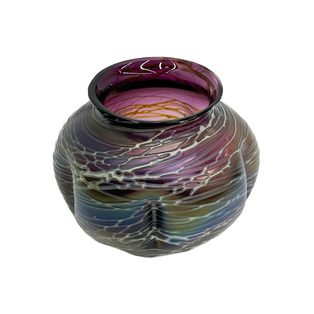 Loetz or Style Art Glass Iridescent Threaded Lobed Vase (1 of 7)