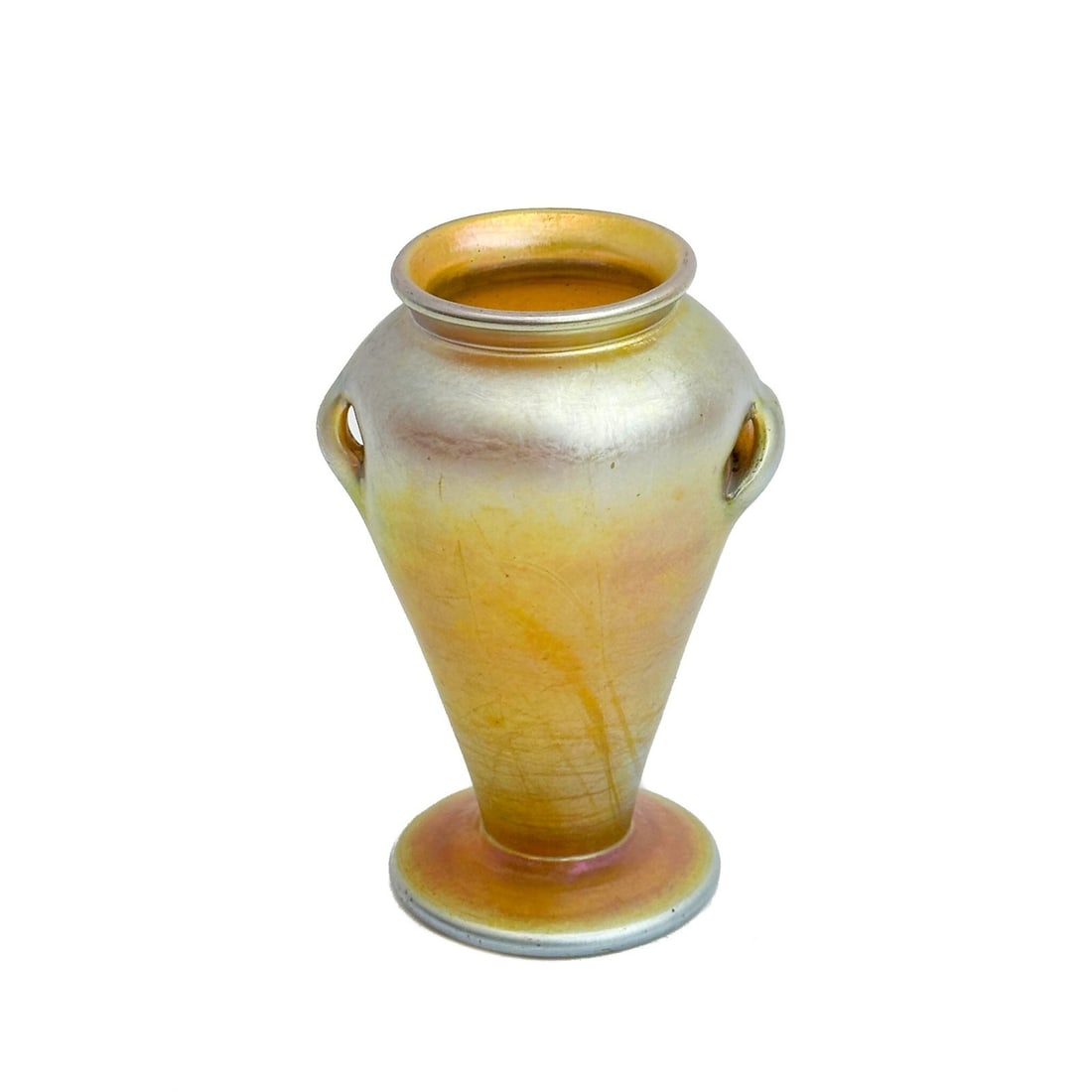 LCT Tiffany Favrile Iridescent Gold Art Glass 3.25 inch Vase 2632B c1900: L.C.T. Louis Comfort Tiffany art glass vase, circa 1900. Gold glass vase with twin handles, an iridescent finish. Underside marked LCT 2632B, with original Favrile label Weight: Approx. less than .5 l