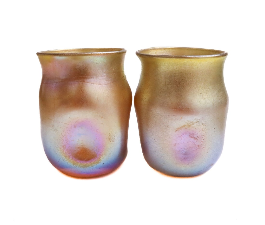 Pair LCT Tiffany Gold Iridescent Glass Miniature Vases #T2596 / #T6754 (1 of 8)