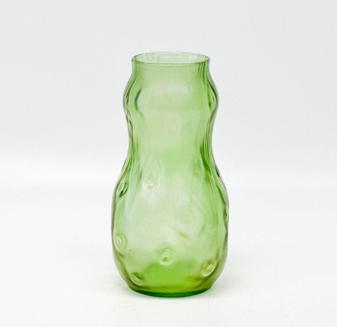 Loetz Style Green Iridescent Art Glass Vase Wood Design - 2