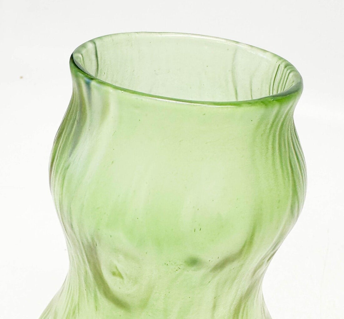 Loetz Style Green Iridescent Art Glass Vase Wood Design - 6