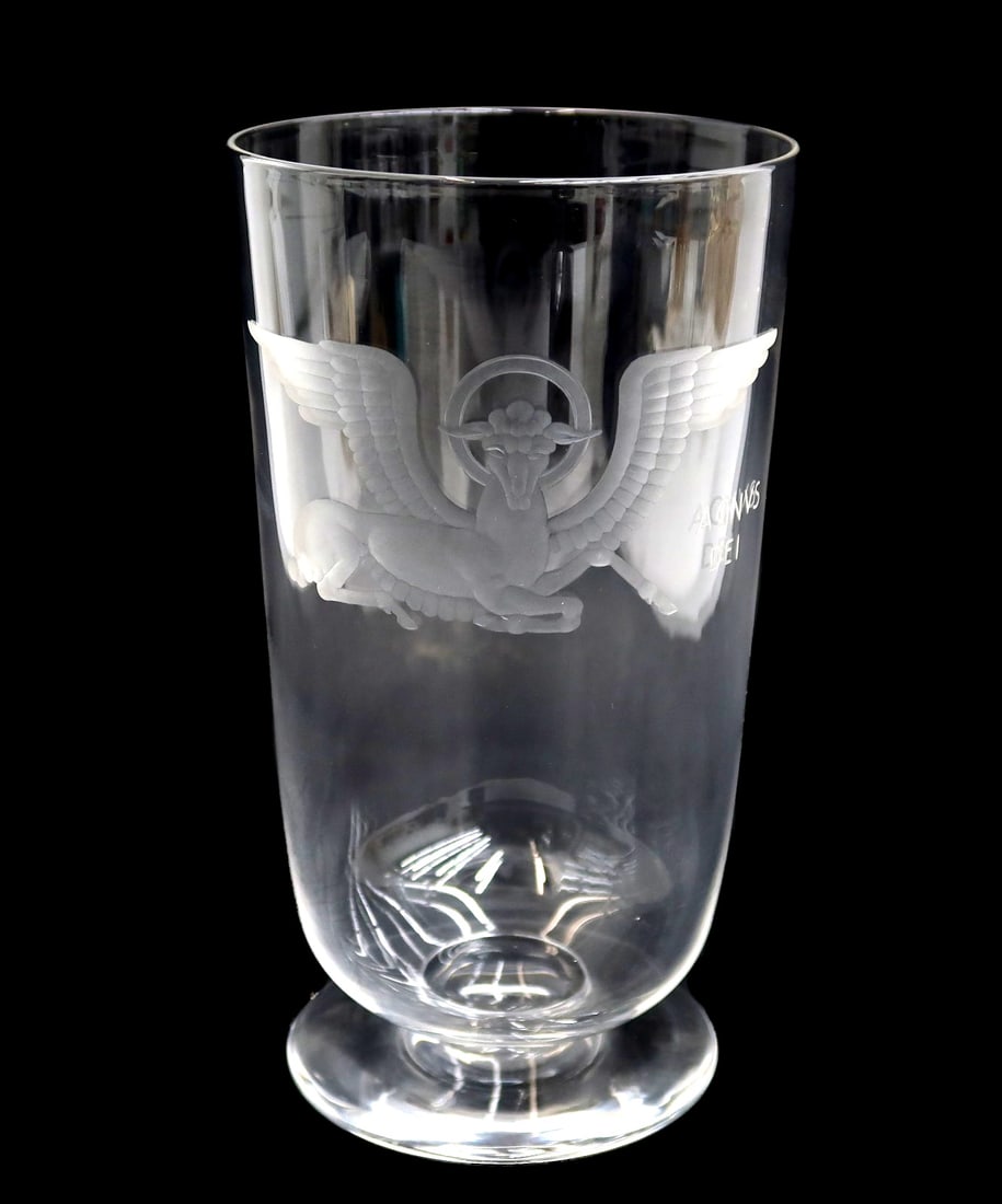 Steuben Crystal Art Glass Agnus Dei Footed Vase by Sidney Waugh #8207: Steuben Crystal Art Glass Agnus Dei Footed Vase by Sidney Waugh #8207. Designed by Sidney Waugh and depicted an engraved lamb with wings and halo, titled in block letters. Footed with curved base and
