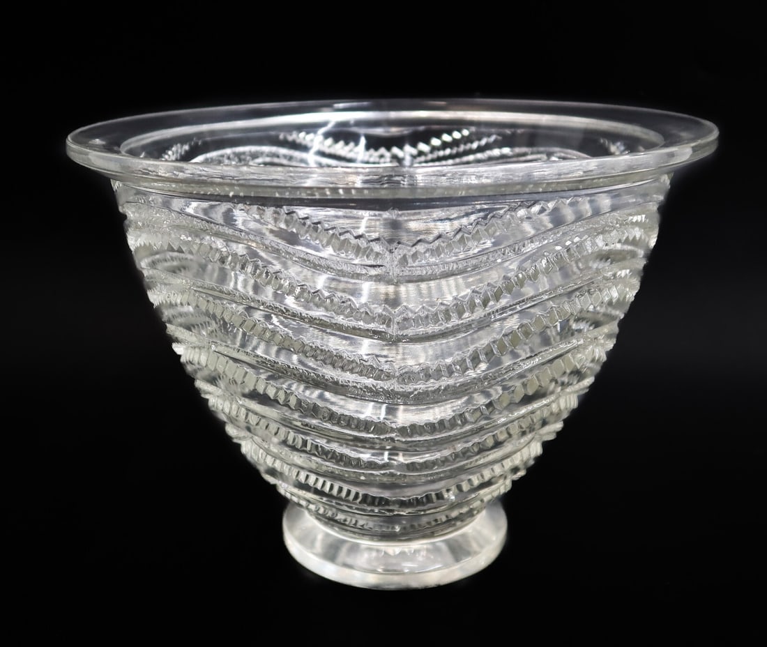 Rene Lalique France Cut Glass Annecy Vase Signed Molded Waves circa 1920: Rene Lalique France cut glass vase in Annecy, signed circa 1920. Molded waves to exterior. Marked "R. Lalique" to underside. Weight: Approx. 4 lbs Measurements: Approx. 8.3 inches diameter x 6 inches