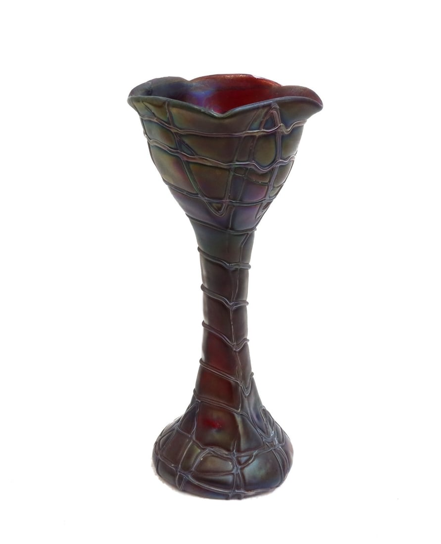 Austrian Iridescent Threaded Art Glass Ribbed Vase circa 1920: Austrian Iridescent threaded art glass ribbed vase, circa 1920. Purple iridescence with threaded designs throughout. Pontil underside. Unsigned. Weight: Approx. 1 lbs Measurements: Approx. 4.25