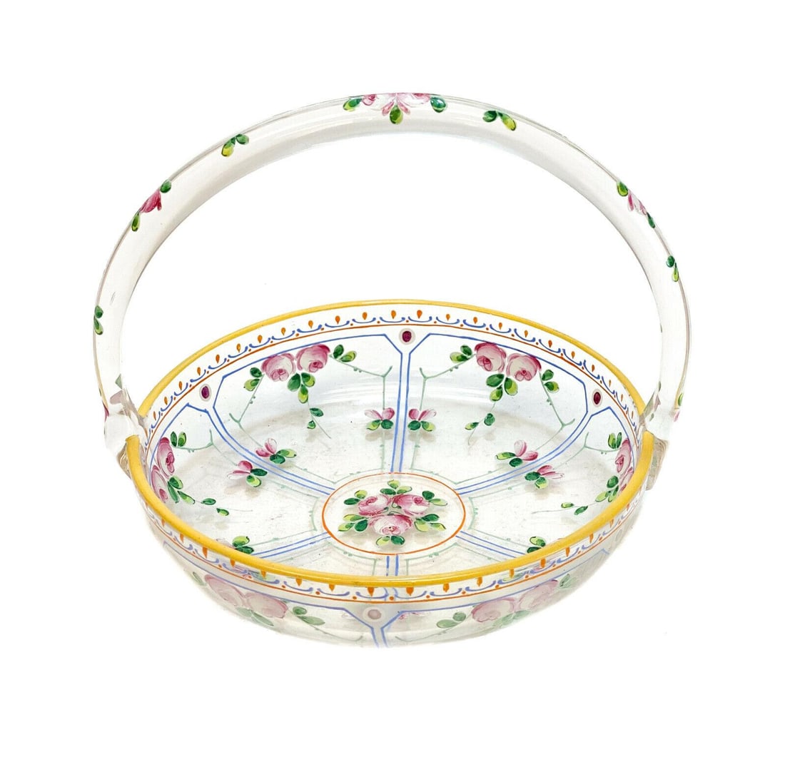 Continental Hand Painted Enamel Glass Basket, circa 1930. Polished Pontil (1 of 4)