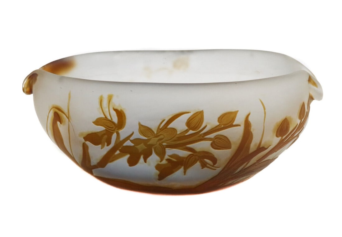 Emile Galle Acid Etched Cameo Art Glass Bowl Blue and Burnt Orange, circa 1900: Emile Galle Acid Etched Cameo Art Glass Bowl, circa 1900. Oval bowl with a blue ground and acid etched burnt orange leaves and florals throughout with spouts to either end. Signed "Galle" Weight: Appr