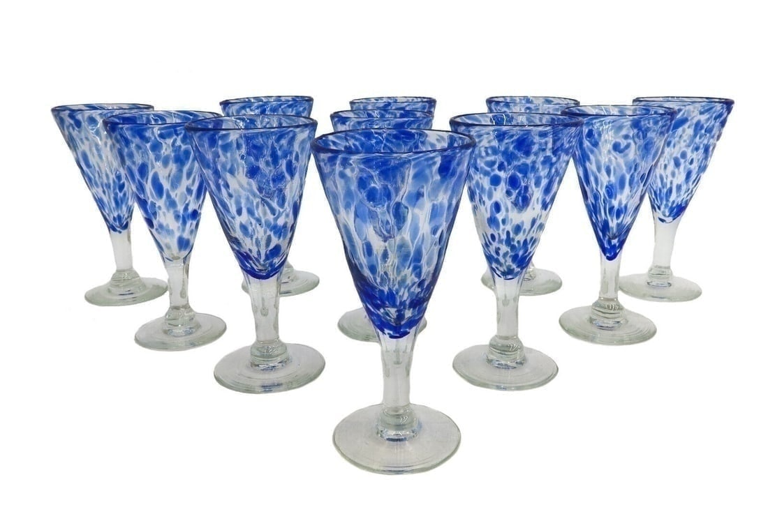 11 American Studio Glass Hand Blown Blue Mottled Wine Goblets 20th Century (1 of 5)